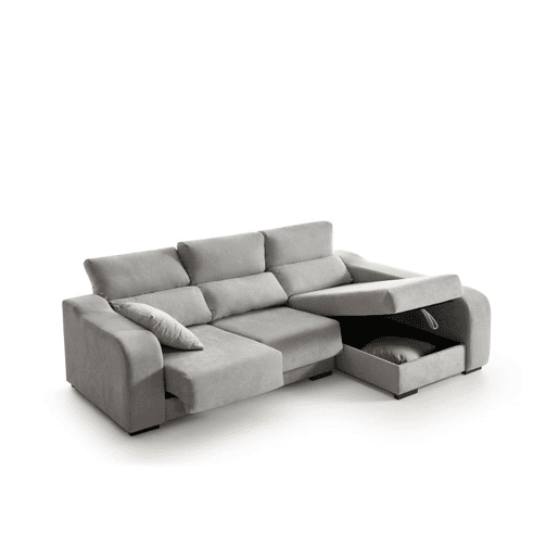 Sofá chaise longue Zafiro de 3 lugares, tecido resistente a manchas, chaise à direita, cinza