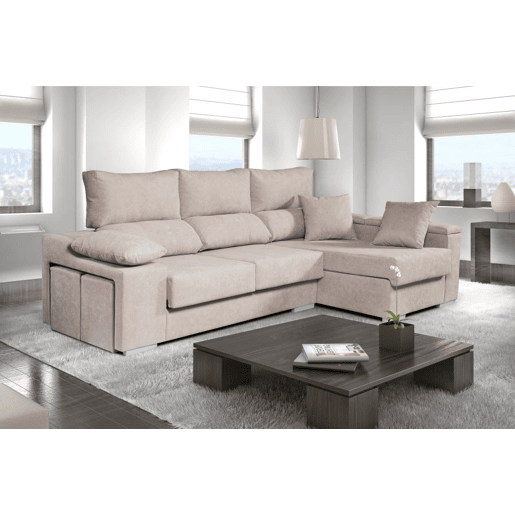 Chaise longue Ruby em tecido antimanchas, bege, com chaise à direita, 3 lugares, 265x145x102 cm