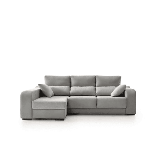Sofá chaise longue Zafiro de 3 lugares, tecido resistente a manchas, chaise à esquerda, cinza