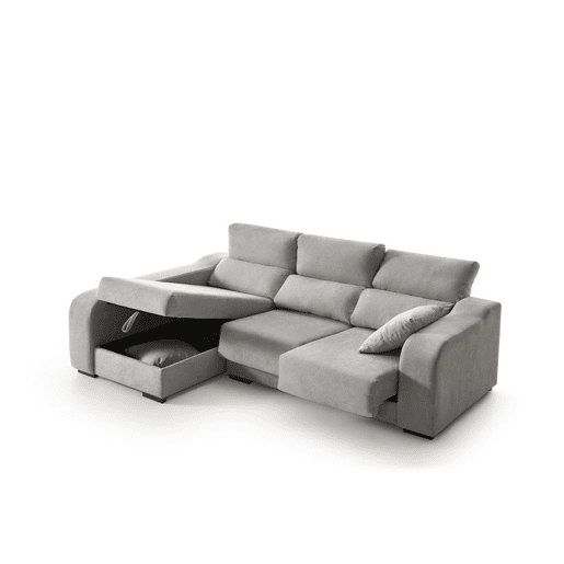 Sofá chaise longue Zafiro de 3 lugares, tecido resistente a manchas, chaise à esquerda, cinza