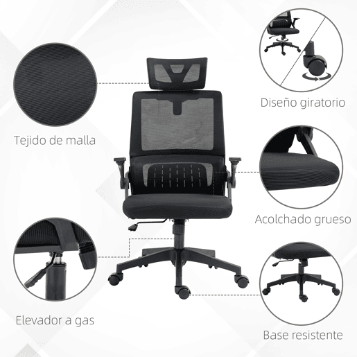 Vinsetto Cadeira de Escritório de Malha Cadeira de Escritório Giratória com Altura e Apoio para a Cabeça Ajustáveis e Apoio para os Braços Estilo Moderno Carga 120 kg para Estúdio 58x61x102-119 cm Preto