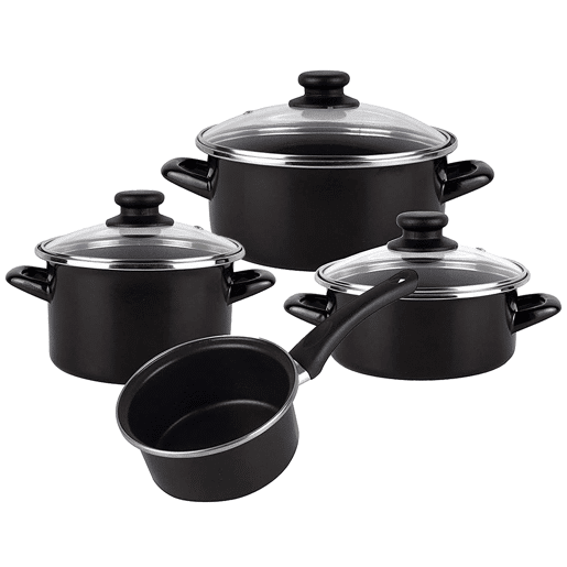 MageFesa Kenia negra - 7 peças Bateria de cozinha, aço vitrificado externo preto. Bicamada reta. Adequado para todos os tipos de cozinhas e