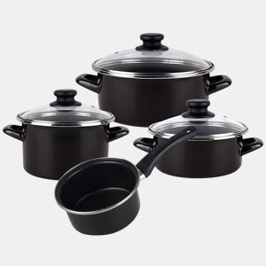 MageFesa Kenia negra - 7 peças Bateria de cozinha, aço vitrificado externo preto. Bicamada reta. Adequado para todos os tipos de cozinhas e