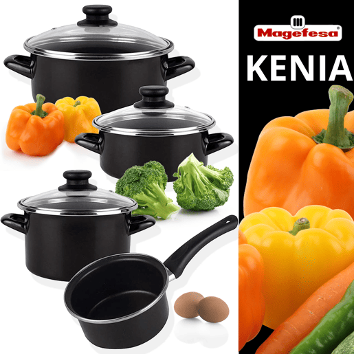 MageFesa Kenia negra - 7 peças Bateria de cozinha, aço vitrificado externo preto. Bicamada reta. Adequado para todos os tipos de cozinhas e