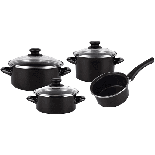 MageFesa Kenia negra - 7 peças Bateria de cozinha, aço vitrificado externo preto. Bicamada reta. Adequado para todos os tipos de cozinhas e