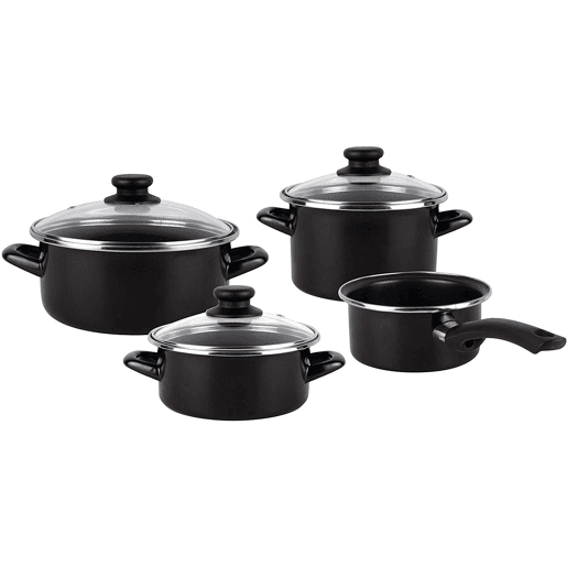 MageFesa Kenia negra - 7 peças Bateria de cozinha, aço vitrificado externo preto. Bicamada reta. Adequado para todos os tipos de cozinhas e
