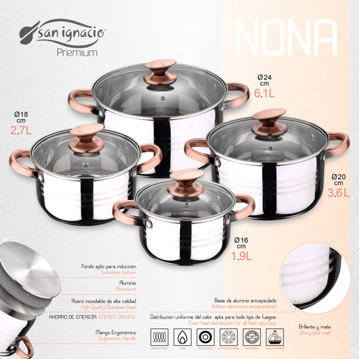 Bateria 8pc Aço inoxidável adequado para indução San Ignacio Premium - Nona coleção