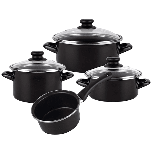 MageFesa Kenia negra - 7 peças Bateria de cozinha, aço vitrificado externo preto. Bicamada reta. Adequado para todos os tipos de cozinhas e