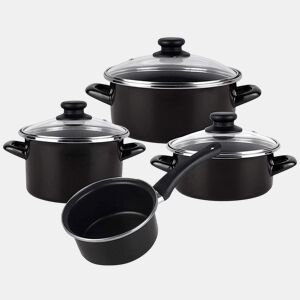 MageFesa Kenia negra - 7 peças Bateria de cozinha, aço vitrificado externo preto. Bicamada reta. Adequado para todos os tipos de cozinhas e