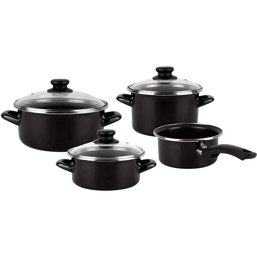 MageFesa Kenia negra - 7 peças Bateria de cozinha, aço vitrificado externo preto. Bicamada reta. Adequado para todos os tipos de cozinhas e