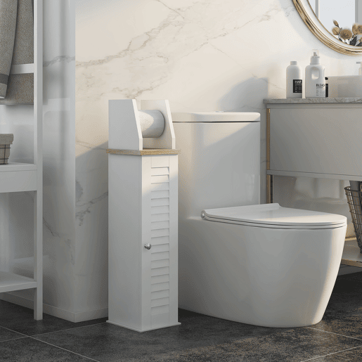 kleankin Armário de Casa de Banho Moderno Coluna Auxiliar de Chão com Prateleiras Ajustáveis e Suporte para Papel Higiénico 18x20x80 cm Branco