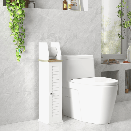 kleankin Armário de Casa de Banho Moderno Coluna Auxiliar de Chão com Prateleiras Ajustáveis e Suporte para Papel Higiénico 18x20x80 cm Branco