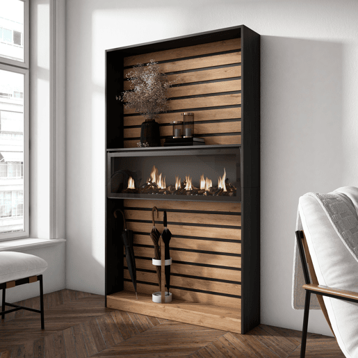 Estante, prateleira , Livraria, Prateleira livros, 110x25x186cm, Sala de estar - Escritório, Lareira eléctrica XXL, Estilo moderno, Carvalho e preto Estante, prateleira , Livraria, Prateleira livros, 110x25x186cm, Sala de estar - Escritório, Lareira eléctrica XXL, Estilo moderno, Carvalho e preto