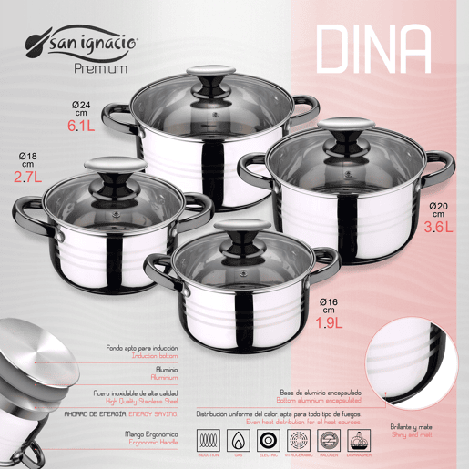 Bateria de cozinha 8 peças San Ignacio Dina de aço inoxidável com jogo de patch (22x24x26 cm) San Ignacio Daimiel em alumínio forjado Bateria de cozinha 8 peças San Ignacio Dina de aço inoxidável com jogo de patch (22x24x26 cm) San Ignacio Daimiel em alumínio forjado
