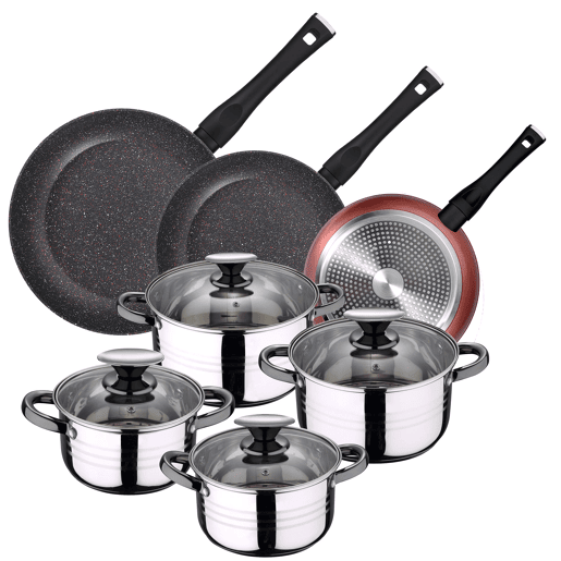 Pacote de 3 panelas x20x24 e 28 cms + bateria de cozinha de 8pc em aço inoxidável