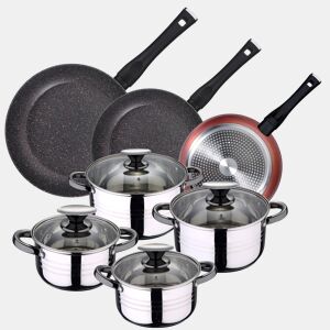 Pacote de 3 panelas x20x24 e 28 cms + bateria de cozinha de 8pc em aço inoxidável