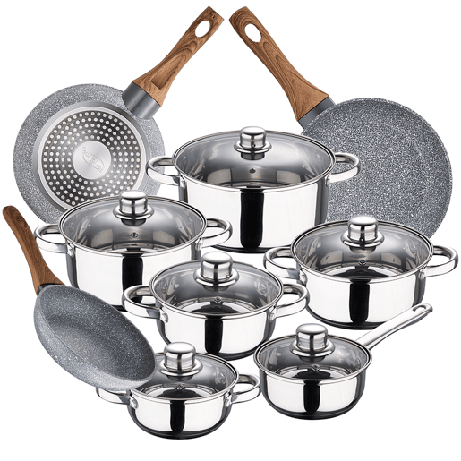 Bateria de cozinha 12 peças San Ignacio Cassel em aço inoxidável com jogo inicial (22x26x28 cm) San Ignacio Daimiel em alumínio forjado