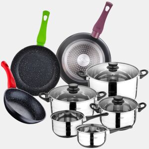 Bateria de cozinha 8 peças San Ignacio em aço inoxidável com jogo de panelas (18,22 e 26 cm) na coleção de jolie de alumínio pressionado