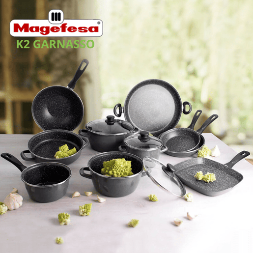 Bateria de cozinha 8 peças San Ignacio Dina de aço inoxidável com jogo de remendo (18x20x24 cm) MageFesa K2 Grasasso em aço esmaltado