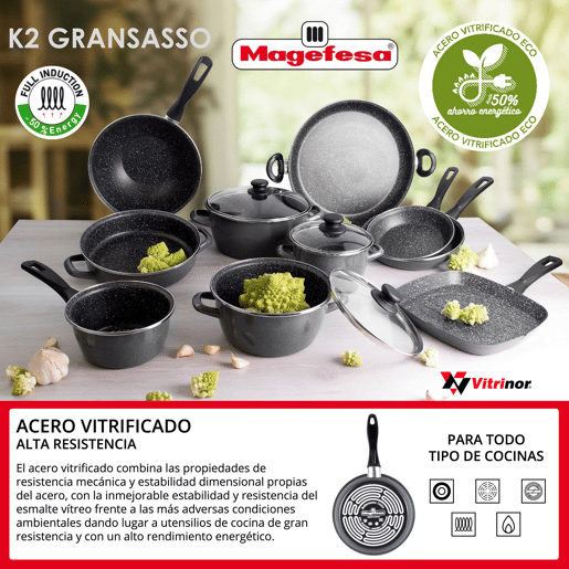 Bateria de cozinha 8 peças San Ignacio Dina de aço inoxidável com jogo de remendo (18x20x24 cm) MageFesa K2 Grasasso em aço esmaltado