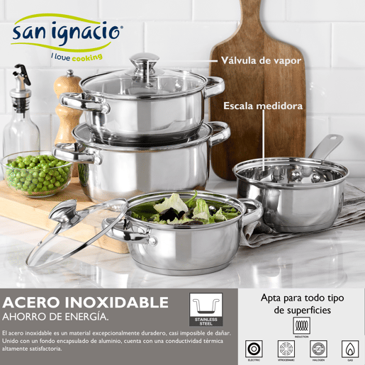 7 peças 7 peças San Ignacio em aço inoxidável + Conjunto de 3 panelas x16x20x24 cm, alumínio pressionado, indução