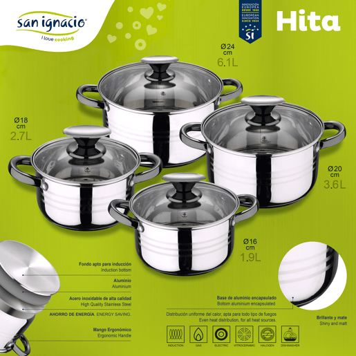 San Ignacio x16cm x20cm x24cm + bateria da bateria de bateria 8 peças em aço inoxidável San Ignacio x16cm x20cm x24cm + bateria da bateria de bateria 8 peças em aço inoxidável