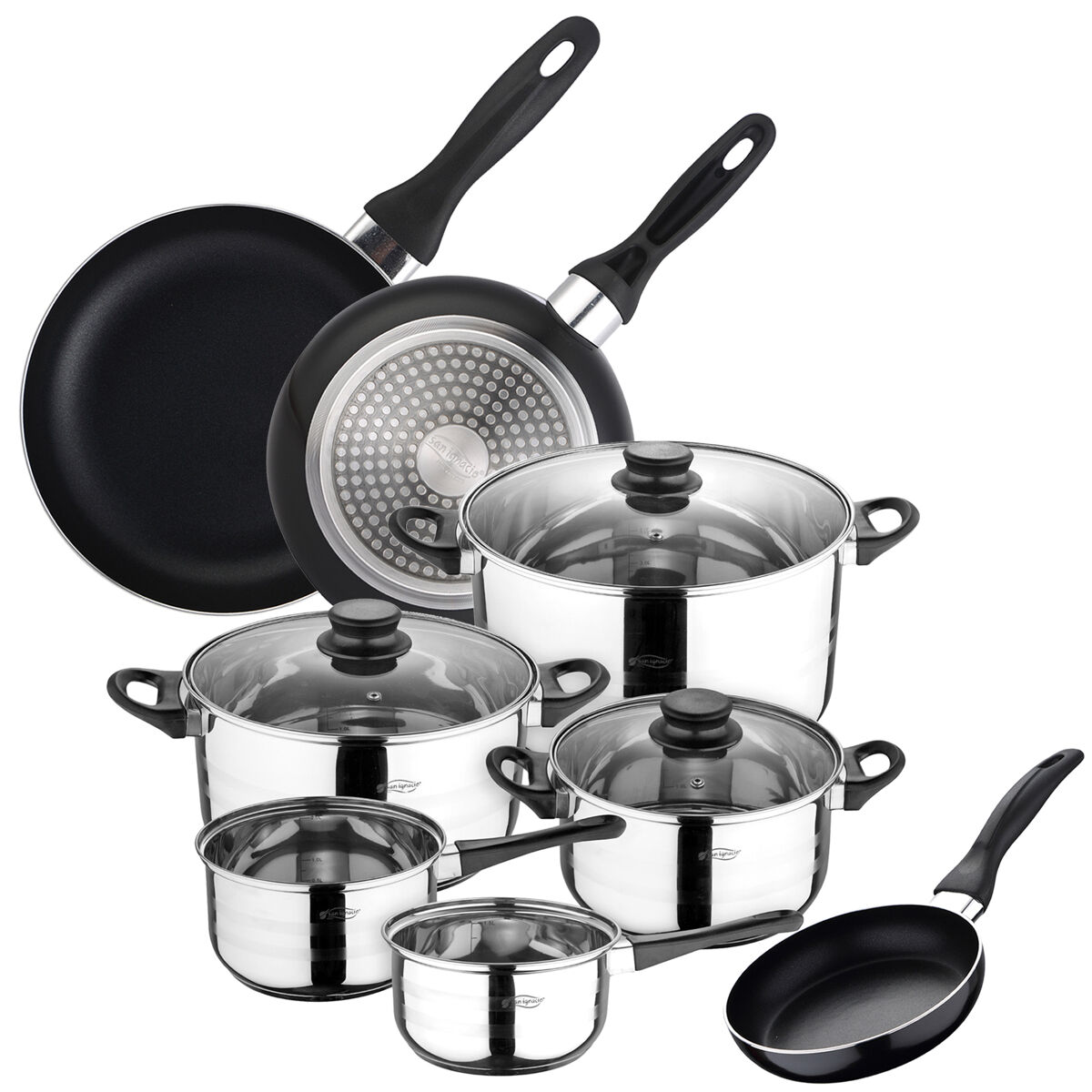 Set Juego de tres sartenes +  Batería de cocina 8 piezas