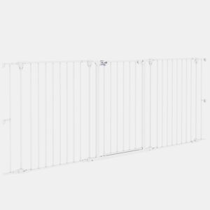 PawHut Barreira para Cães de Aço Barreira de Segurança para Animais de Estimação Dobrável de 3 Painéis Duplo Fechamento e Função de Bloqueio Auxiliar para Porta Escada 206x90 cm Branco