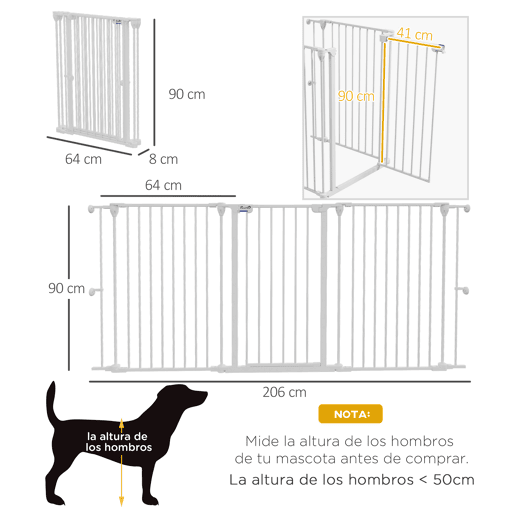 PawHut Barreira para Cães de Aço Barreira de Segurança para Animais de Estimação Dobrável de 3 Painéis Duplo Fechamento e Função de Bloqueio Auxiliar para Porta Escada 206x90 cm Branco