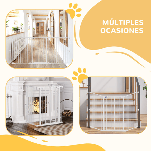 PawHut Barreira para Cães de Aço Barreira de Segurança para Animais de Estimação Dobrável de 3 Painéis Duplo Fechamento e Função de Bloqueio Auxiliar para Porta Escada 206x90 cm Branco