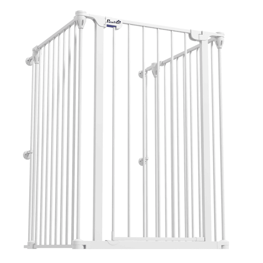 PawHut Barreira para Cães de Aço Barreira de Segurança para Animais de Estimação Dobrável de 3 Painéis Duplo Fechamento e Função de Bloqueio Auxiliar para Porta Escada 206x90 cm Branco