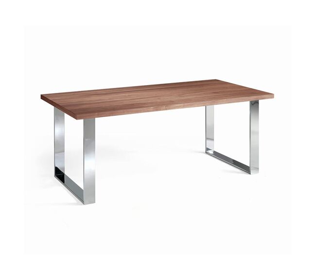 Mesa comedor de tapa fija de madera chapada en nogal y patas en acero inoxidable cromado.