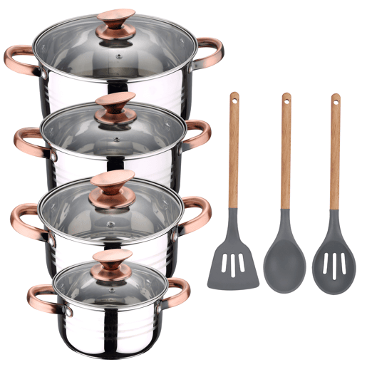 8 peças Bateria de cozinha adequada para indução San Ignacio Altea em aço inoxidável com conjunto de 3 utensílios de cozinha em silicone Daimiel