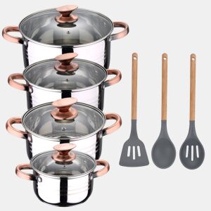 8 peças Bateria de cozinha adequada para indução San Ignacio Altea em aço inoxidável com conjunto de 3 utensílios de cozinha em silicone Daimiel