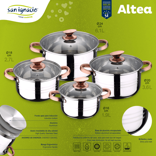 8 peças Bateria de cozinha adequada para indução San Ignacio Altea em aço inoxidável com conjunto de 3 utensílios de cozinha em silicone Daimiel