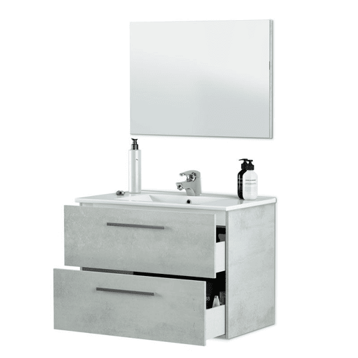 Móvel de casa de banho Aruba 2 gavetas + espelho, duehome, Cemento (ancho), 80cm