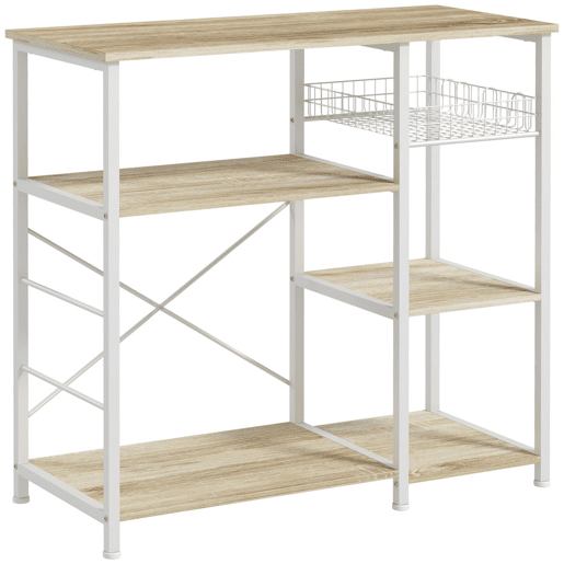 HOMCOM Estante de Cozinha Moderna Estante de Cozinha com 1 Cesto 4 Ganchos em S 6 Pés com Almofadas Ajustáveis e Prateleiras 90x40x84,5 cm Carvalho e Branco