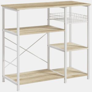 HOMCOM Estante de Cozinha Moderna Estante de Cozinha com 1 Cesto 4 Ganchos em S 6 Pés com Almofadas Ajustáveis e Prateleiras 90x40x84,5 cm Carvalho e Branco