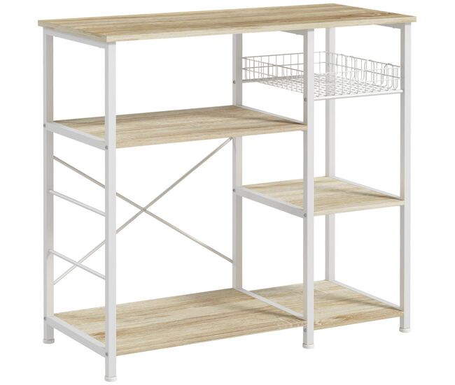Homcom estantería de cocina moderna estante de cocina con 1 cesta 4 ganchos en s 6 almohadillas de pie ajustables y estantes 90x40x84,5 cm roble y blanco
