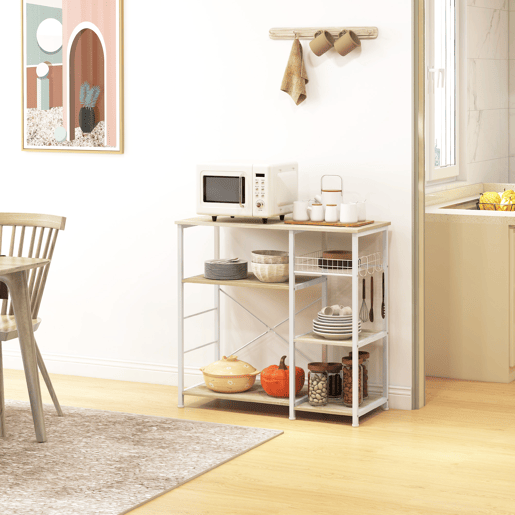 HOMCOM Estante de Cozinha Moderna Estante de Cozinha com 1 Cesto 4 Ganchos em S 6 Pés com Almofadas Ajustáveis e Prateleiras 90x40x84,5 cm Carvalho e Branco