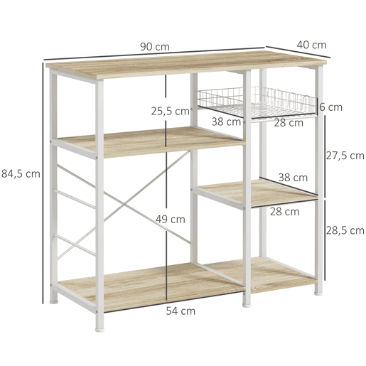 HOMCOM Estante de Cozinha Moderna Estante de Cozinha com 1 Cesto 4 Ganchos em S 6 Pés com Almofadas Ajustáveis e Prateleiras 90x40x84,5 cm Carvalho e Branco