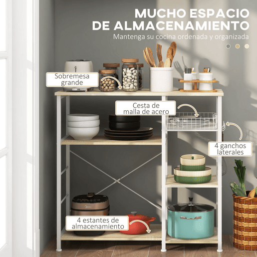 HOMCOM Estante de Cozinha Moderna Estante de Cozinha com 1 Cesto 4 Ganchos em S 6 Pés com Almofadas Ajustáveis e Prateleiras 90x40x84,5 cm Carvalho e Branco
