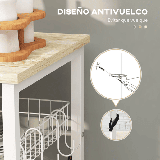 HOMCOM Estante de Cozinha Moderna Estante de Cozinha com 1 Cesto 4 Ganchos em S 6 Pés com Almofadas Ajustáveis e Prateleiras 90x40x84,5 cm Carvalho e Branco