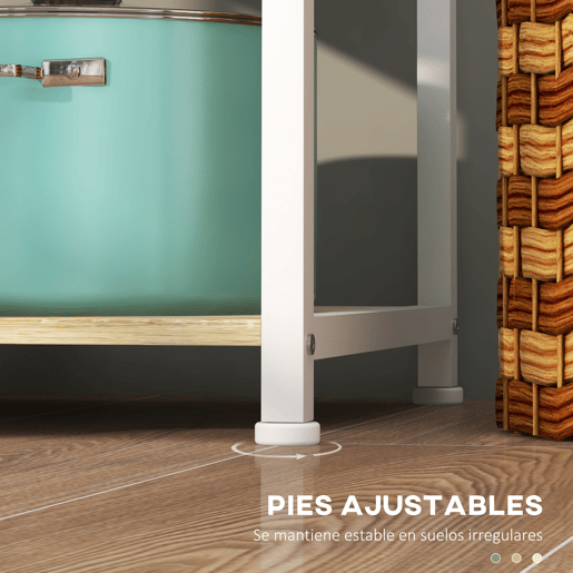 HOMCOM Estante de Cozinha Moderna Estante de Cozinha com 1 Cesto 4 Ganchos em S 6 Pés com Almofadas Ajustáveis e Prateleiras 90x40x84,5 cm Carvalho e Branco