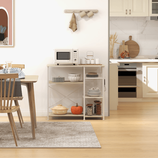 HOMCOM Estante de Cozinha Moderna Estante de Cozinha com 1 Cesto 4 Ganchos em S 6 Pés com Almofadas Ajustáveis e Prateleiras 90x40x84,5 cm Carvalho e Branco