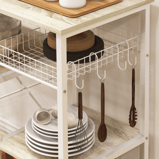 HOMCOM Estante de Cozinha Moderna Estante de Cozinha com 1 Cesto 4 Ganchos em S 6 Pés com Almofadas Ajustáveis e Prateleiras 90x40x84,5 cm Carvalho e Branco