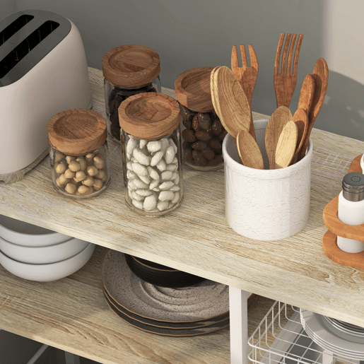 HOMCOM Estante de Cozinha Moderna Estante de Cozinha com 1 Cesto 4 Ganchos em S 6 Pés com Almofadas Ajustáveis e Prateleiras 90x40x84,5 cm Carvalho e Branco