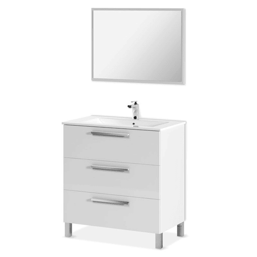 Móvel de casa de banho branco Athena 3 gavetas + espelho Branco brilhante 80 x 86 x 45cm cm