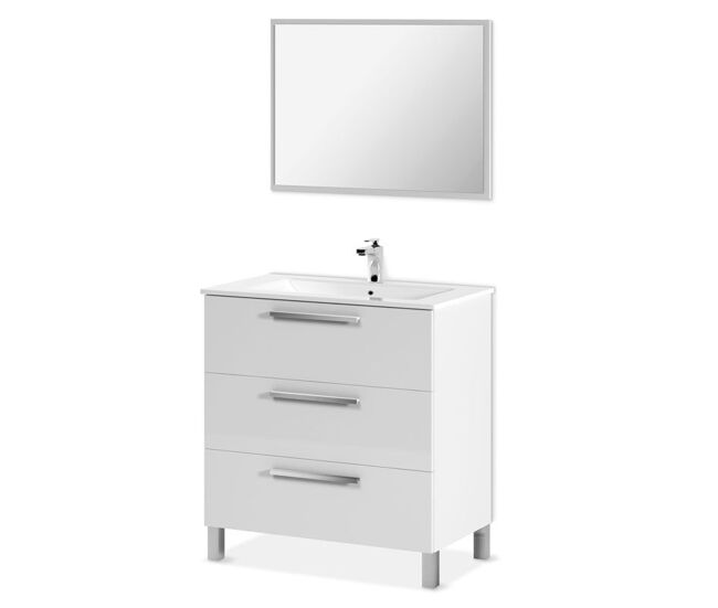 Mueble de baño blanco athena 3 cajones + espejo blanco brillo 80 x 86 x 45 cm