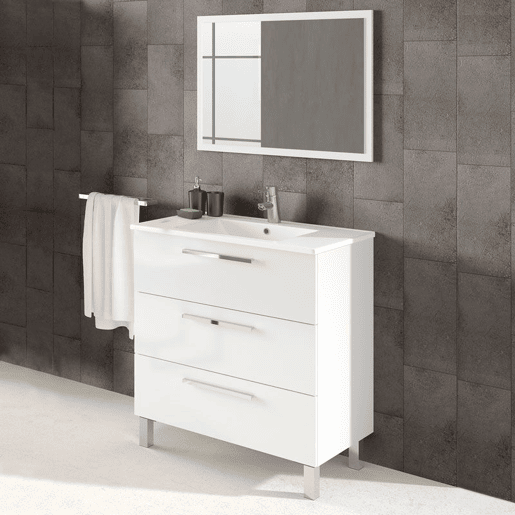 Móvel de casa de banho branco Athena 3 gavetas + espelho Branco brilhante 80 x 86 x 45cm cm